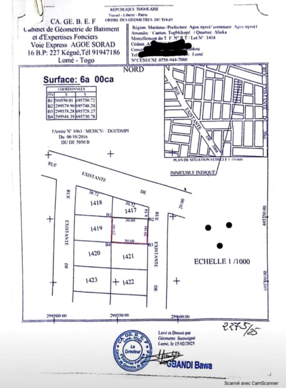 Terrain de 600 m² en vente à Agoè Alenka – 14 millions FCFA