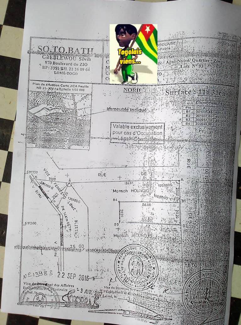 Terrain de 1131 m² en vente à Agoè Zongo – 50 millions FCFA