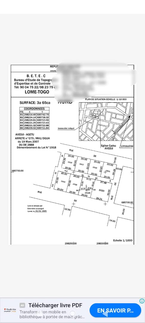 3/4 de lot en vente à Avedji derrière l'église catholique – 28 millions FCFA
