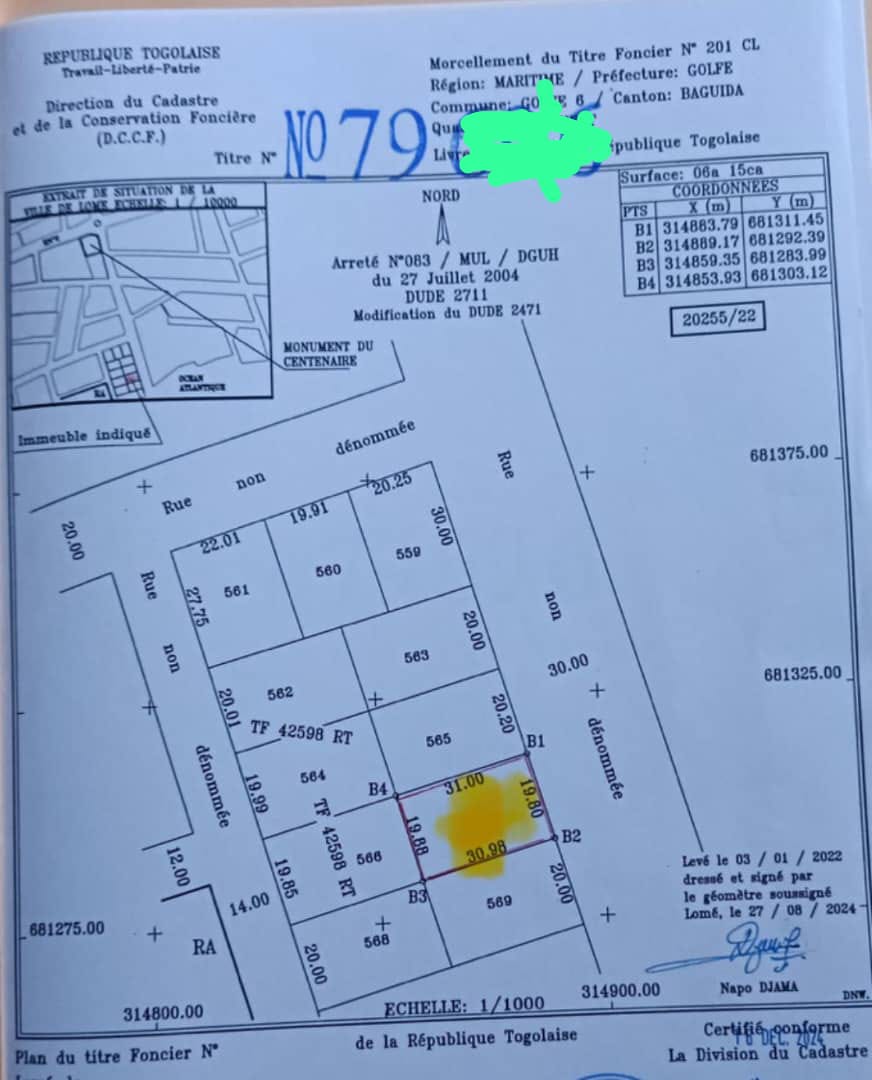 Terrain de 615 m² en vente à Baguida Monument Plage – 40 millions FCFA