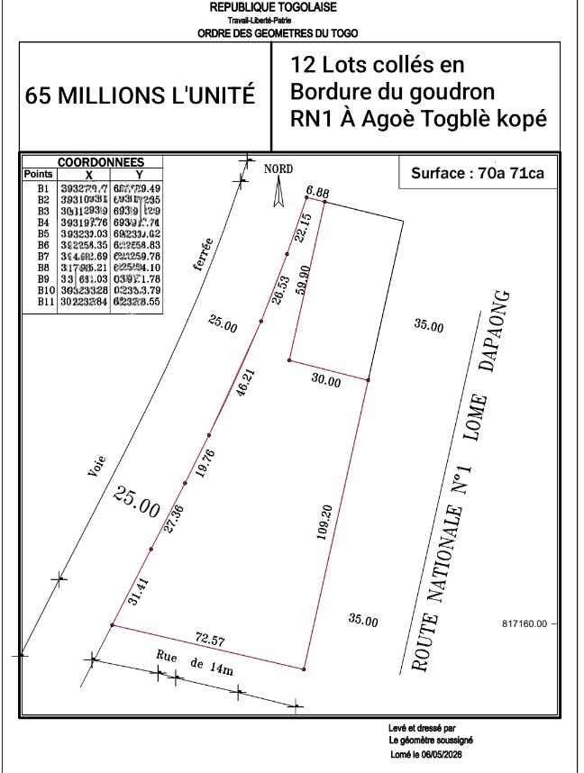 Terrain à vendre en angle de rue et bordure de goudron à Togblekopé – 65 millions FCFA l'unité