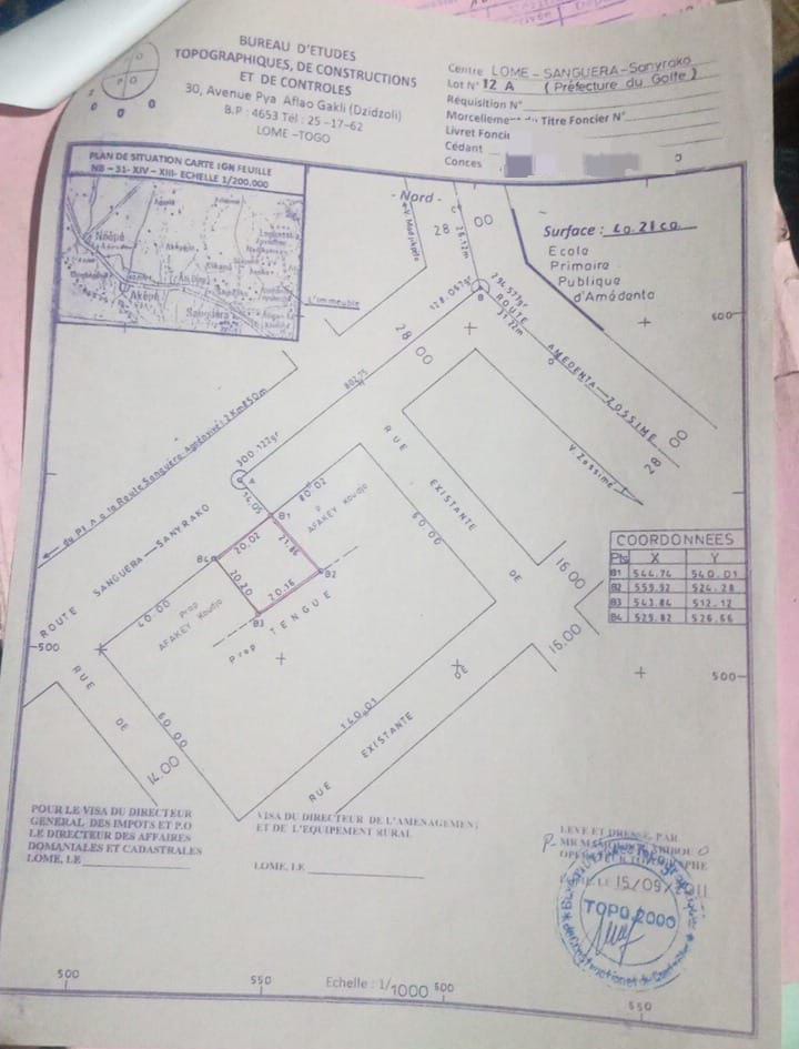 Terrain de 1396 m² en vente à Agoè Zongo – 32 millions FCFA le lot