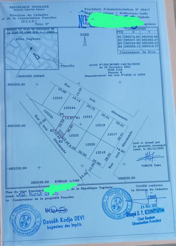 Terrain de 301 m² en vente à Ségbé Akato – 17 millions FCFA