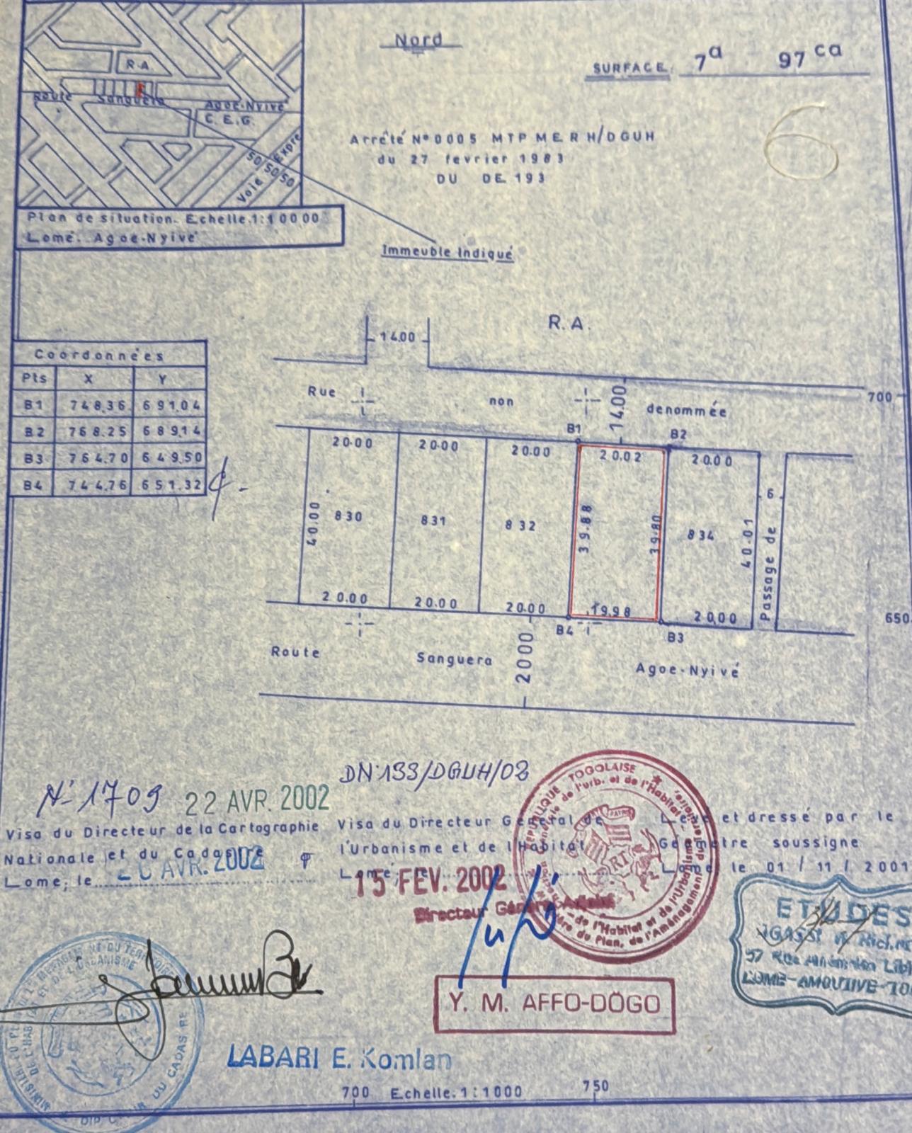 Terrain de 1 lot et ¼ en vente à Agoè Kossigan – 65 millions FCFA