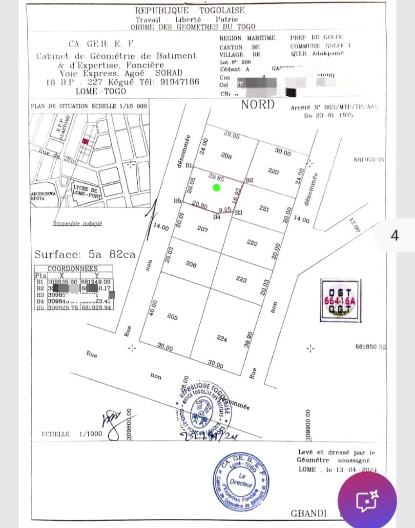 Terrain 1 lot en vente à Adakpamé – 30 millions FCFA