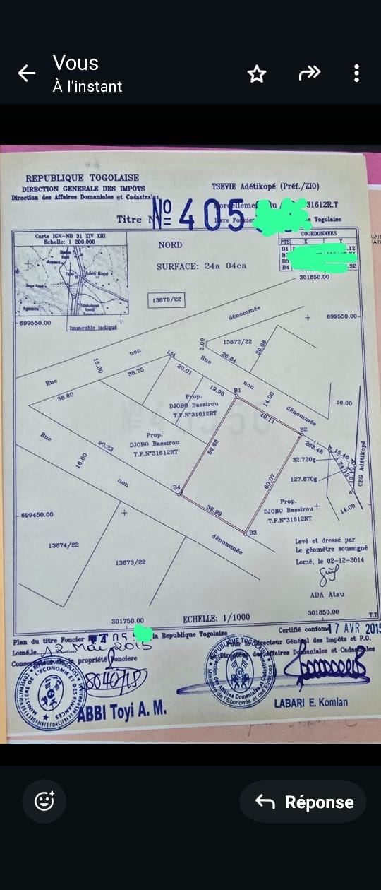 Terrain à vendre à Adetikopé – 17.5 Millions FCFA