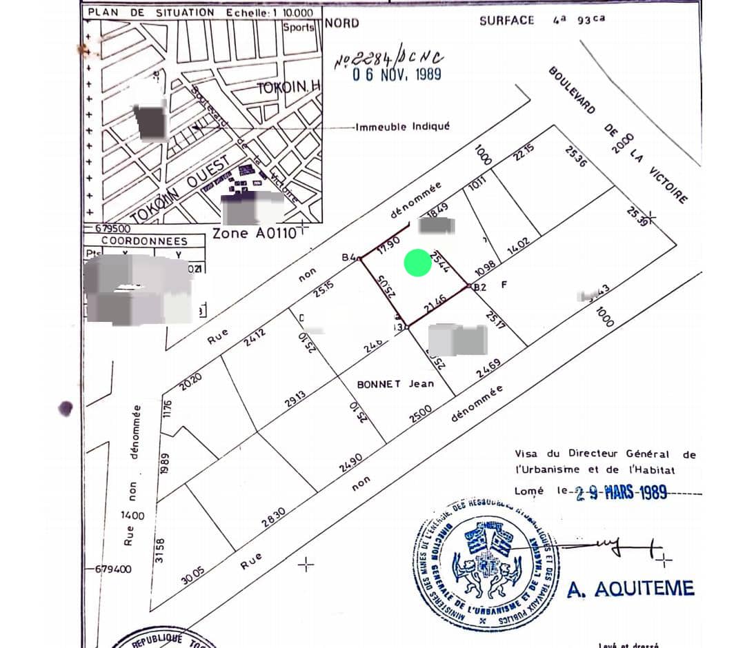 Terrain de 500 m² en vente à Tokoin Casablanca – 94 millions FCFA