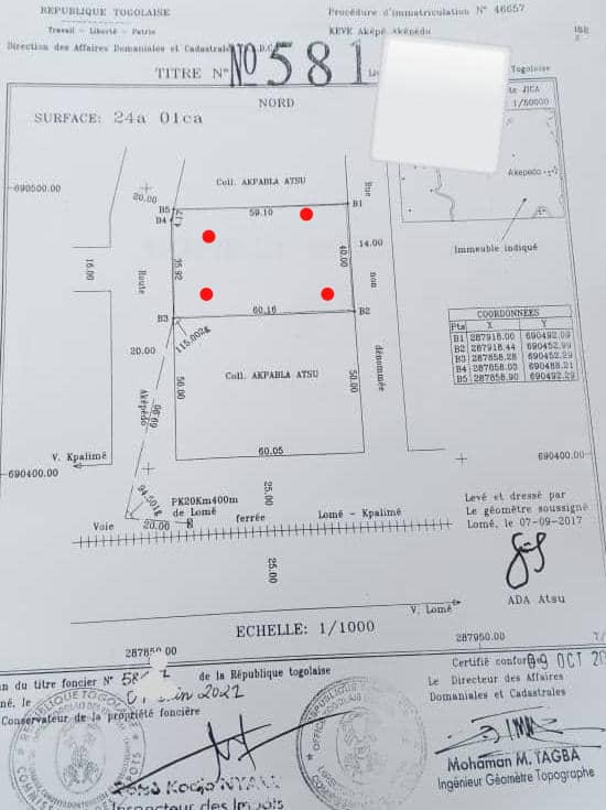 Terrain de 2401 m² en vente à Zanguera Akepedo – 22 millions FCFA le lot