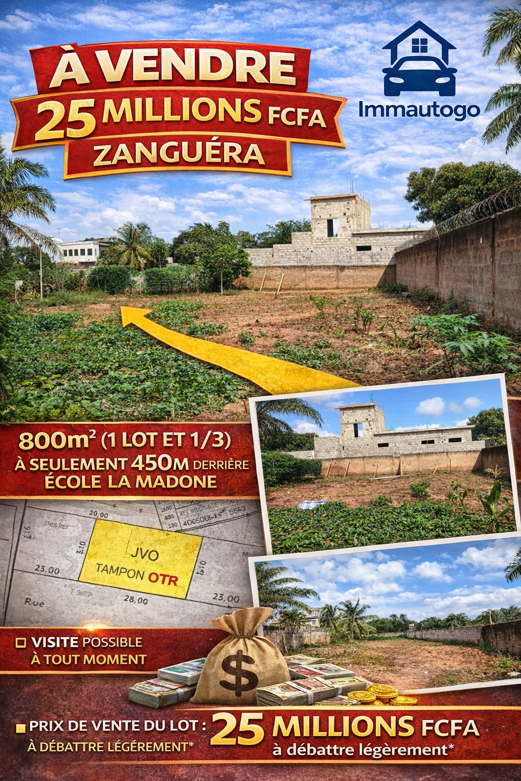 TERRAIN À VENDRE À ZANGUERA – 800 m² (1 LOT ET 1/3)