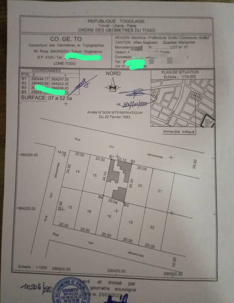 Terrain à vendre à Adidogomé – 70 Millions FCFA