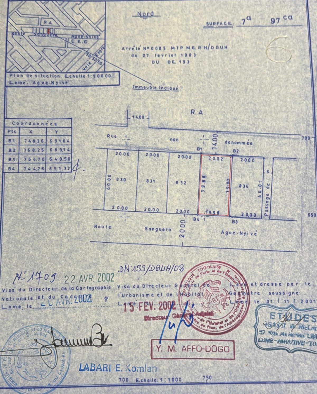 Terrain de 1 lot ¼ en vente en bordure de grande voie à Agoe Kossigan – 65 millions FCFA