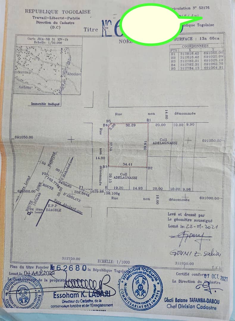 Terrain de 13a 68ça en vente à Djagblé Abodavé – 40 millions FCFA