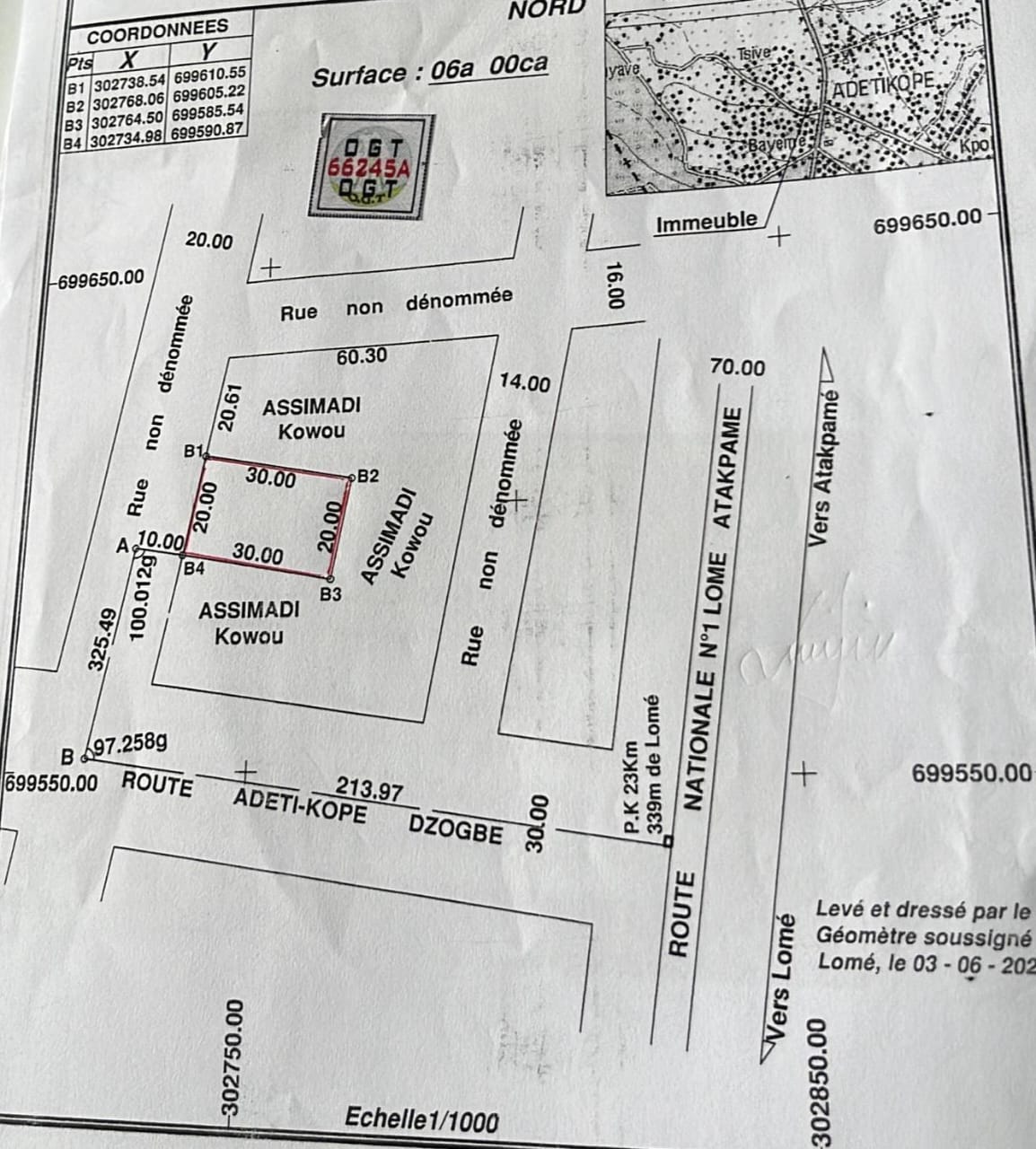 Terrain en vente à Adétikopé, proche du goudron – 16 millions FCFA