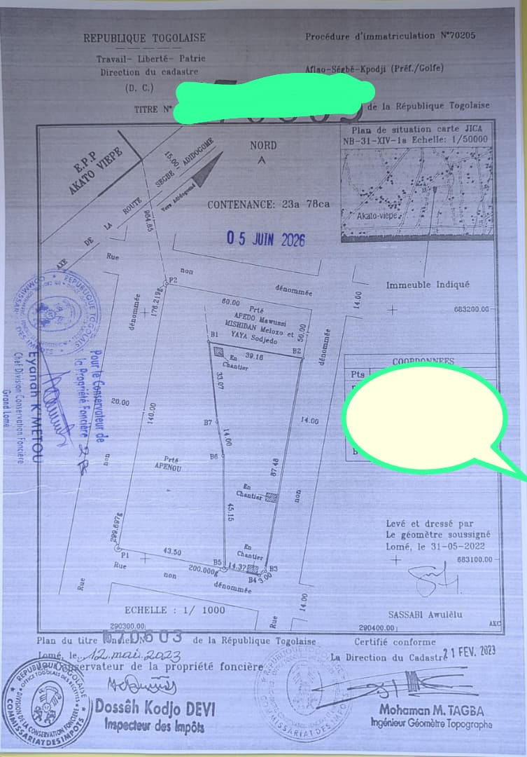 Terrain de 1200 m² en vente à Adidogomé – 14 millions 500 mille FCFA le lot