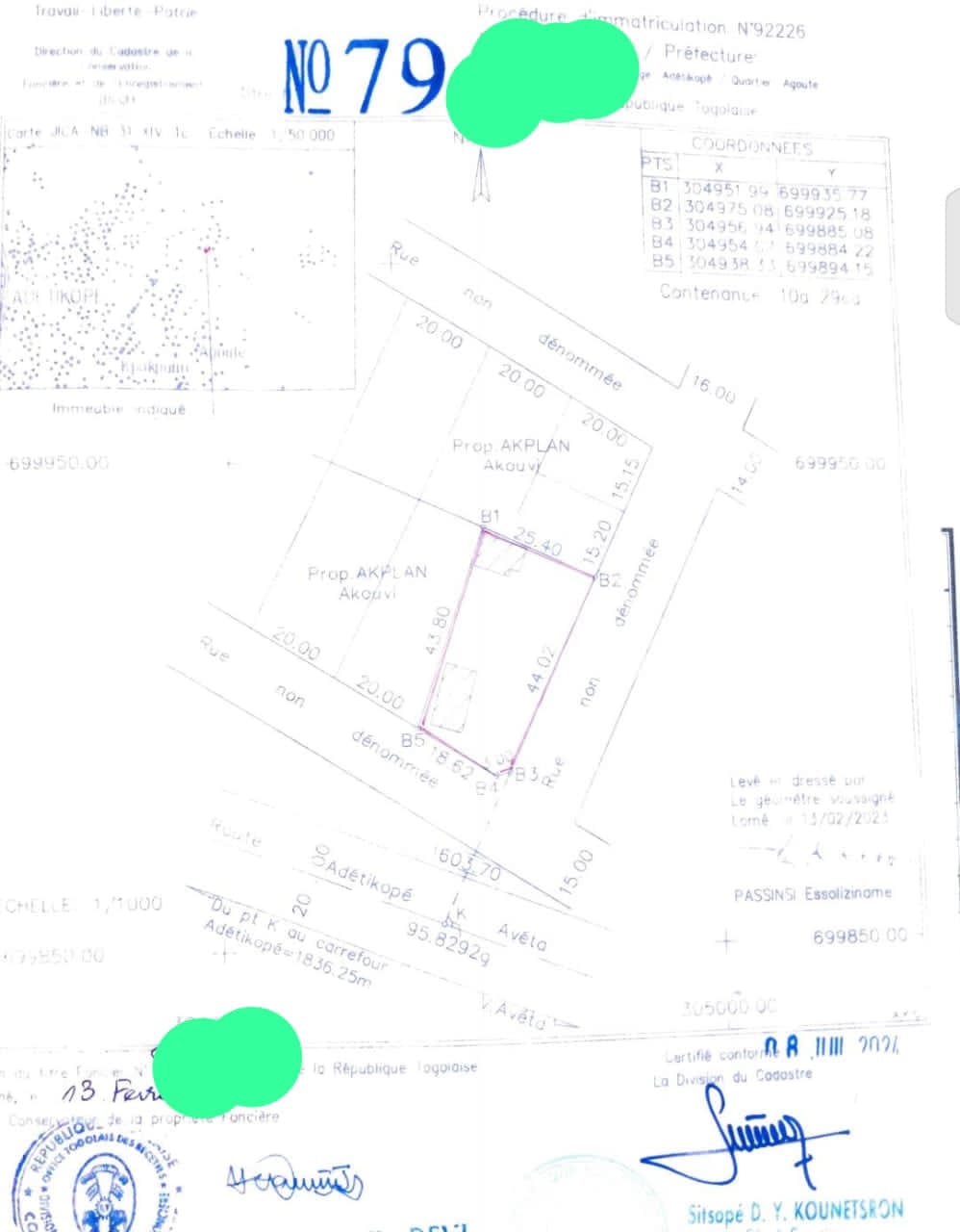 Terrain de 1029 m² en vente en bordure de 2 voies à Adétikopé Lycée – 25 millions FCFA