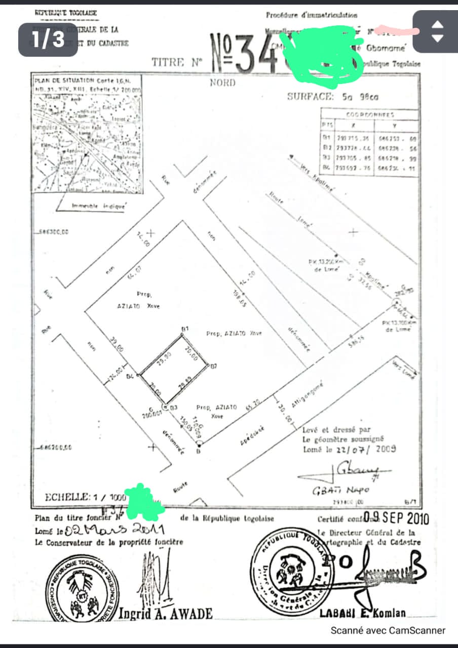 Terrain 1 lot en vente à Adidogomé Atigangomé – 30 millions FCFA