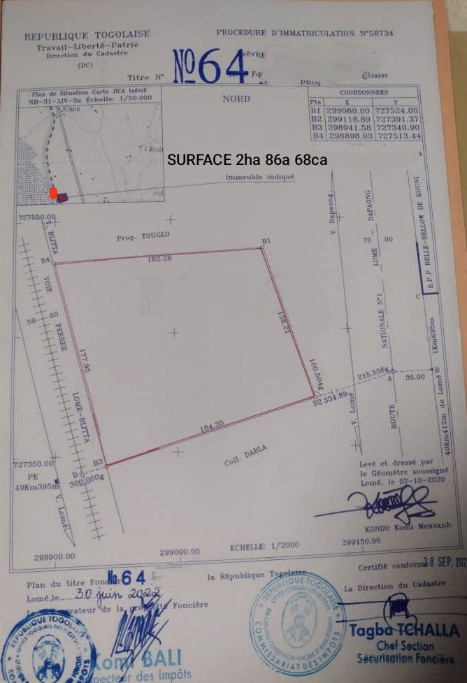 Terrain de 3 hectares en vente à Tsevié Lilikopé Touni Kopé – 20 millions FCFA