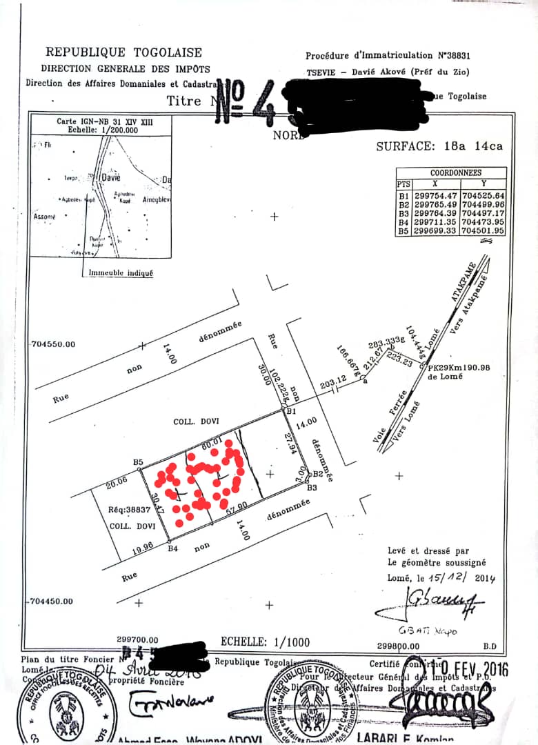 Terrain de 1200 m² en vente à Davié, proche du goudron – 9,5 millions FCFA par lot