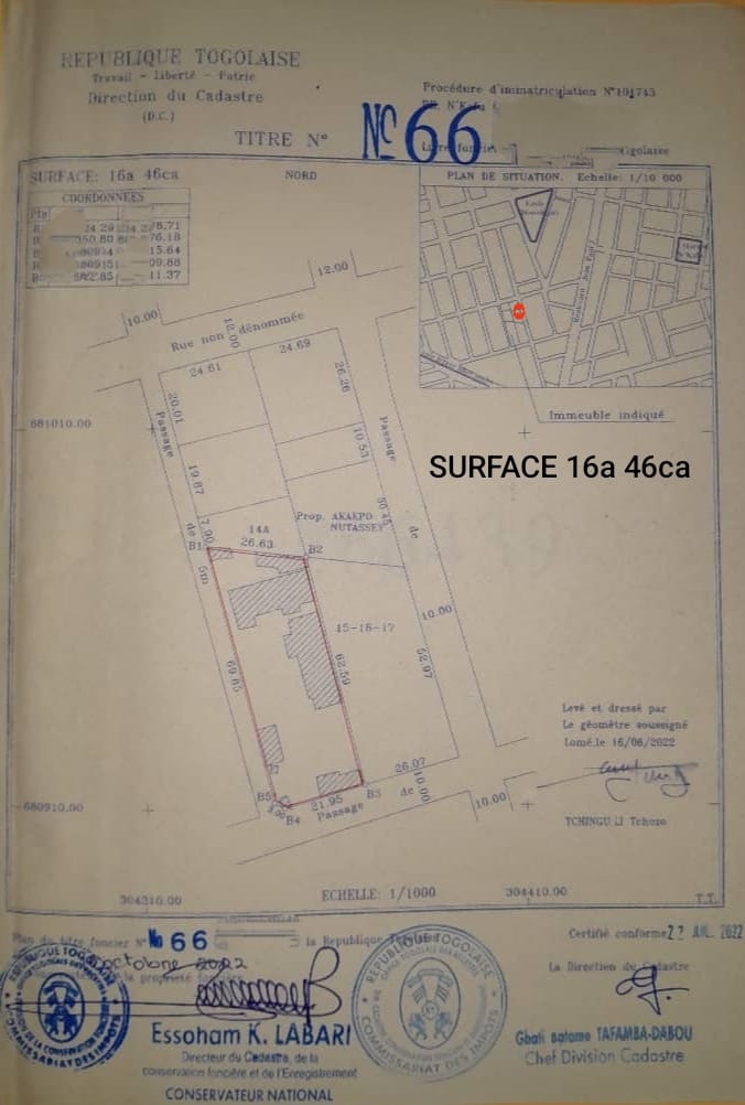 Terrain de 1646 m² en vente en angle de rue à Noukafou Gakpoto – 250 millions FCFA