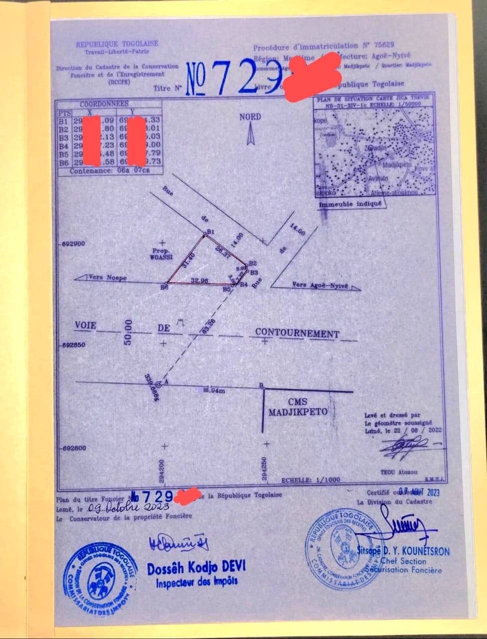Terrain de 607 m² en vente en bordure de goudron à Légbassito Madjikpéto – 95 millions FCFA