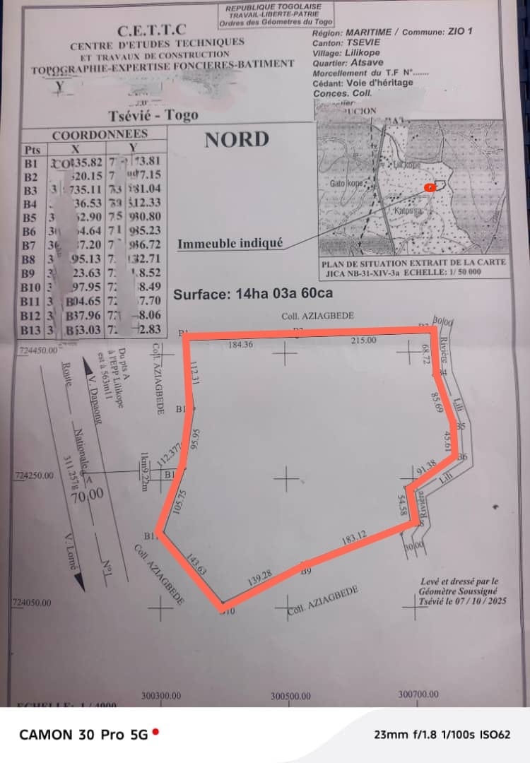 14 hectares en vente à Lilikopé proche du goudron RN1 – 8 millions FCFA l'unité