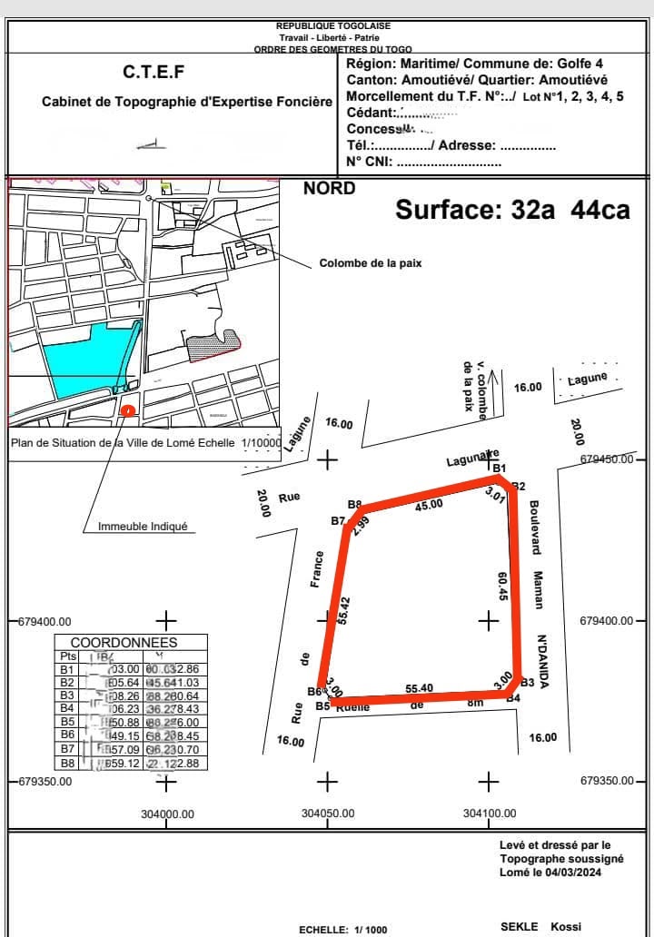 Terrain de 5.5 lots en vente en angle de 04 rues à Amoutivé, colombe de la paix – 1.375 milliards FCFA