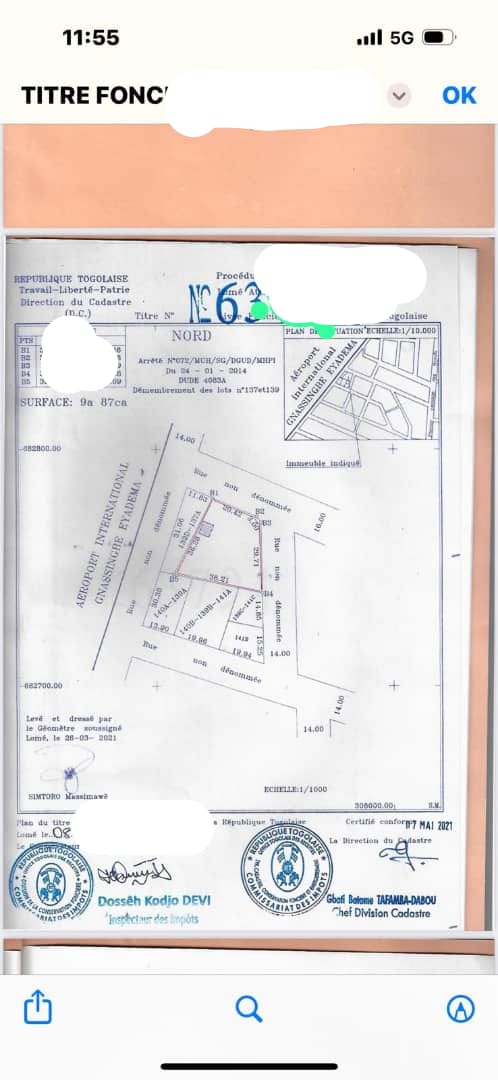 Terrain de 987 m² en vente à Tokoin Aéroport – 70 millions FCFA