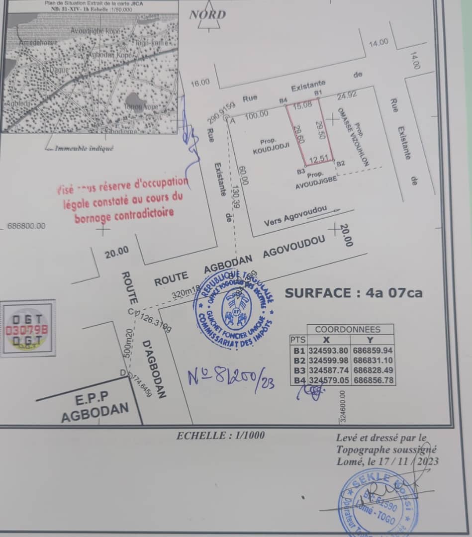 Terrain à vendre à Avoudjigbe sur la route d'Aného – 16 millions FCFA