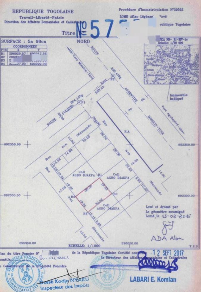 Terrain de 600 m² en vente à Legbassito – 37 millions FCFA