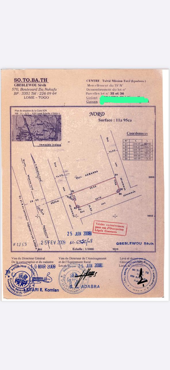 Terrain de 600 m² en angle de rue en vente à Légbassito-tové – 25 000 000 FCFA le lot
