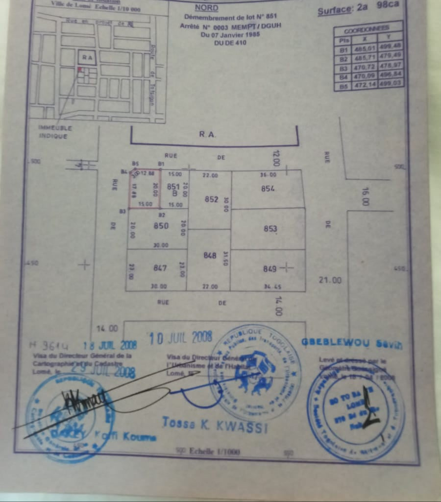 Terrain de 298 m² en angle de rue à vendre à Totsi – 40 millions FCFA
