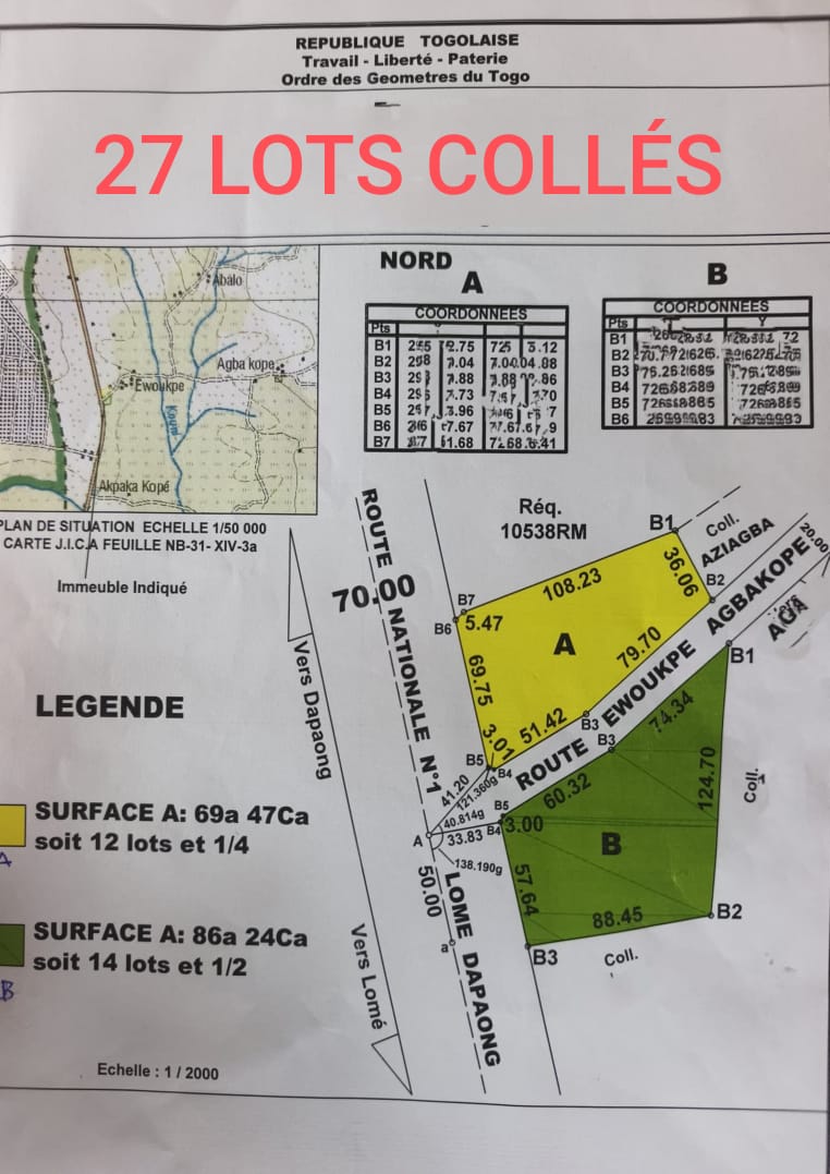 Terrain de 600 m² en vente en bordure du goudron à Lomé Cinkassé Lilikopé – 5 millions FCFA le lot