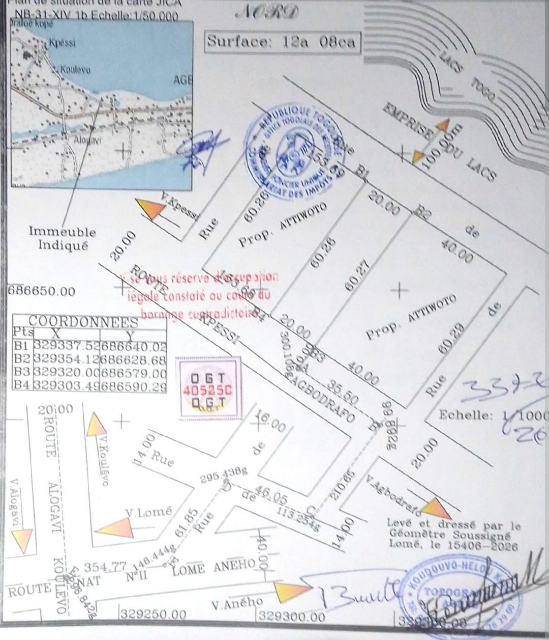 Terrain de 1208 m² en vente à Alogavi au bord du Lac Togo – 60 millions FCFA