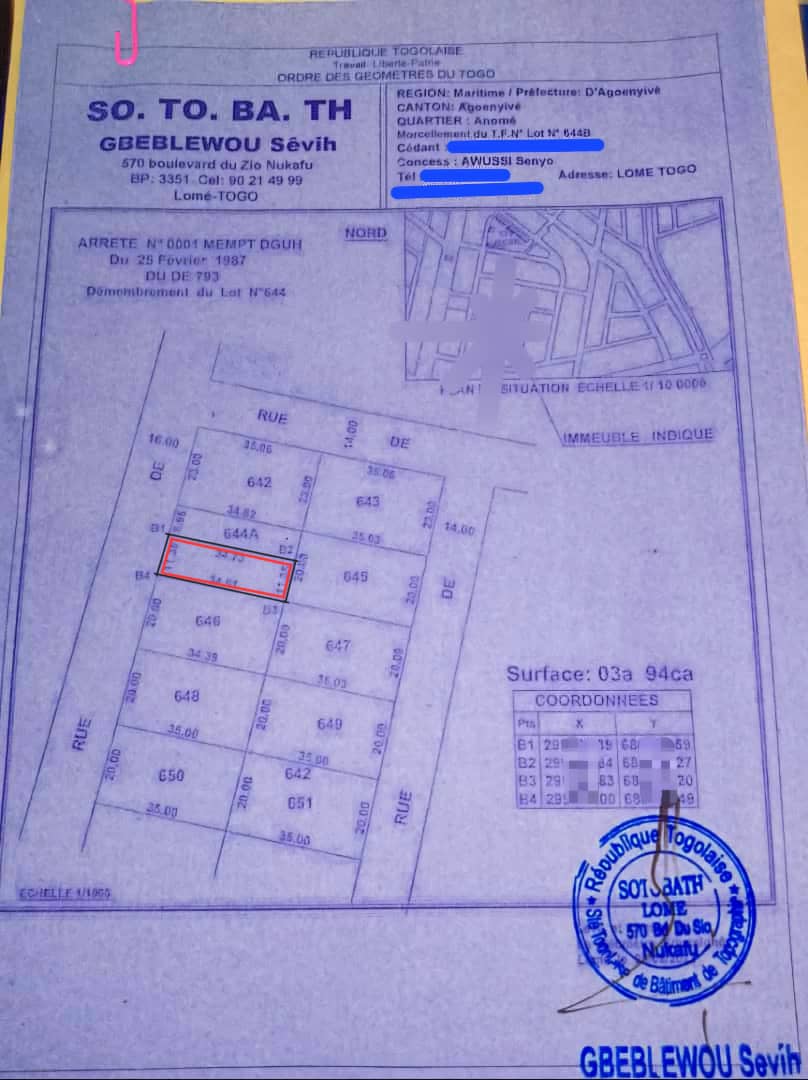 Terrain de 394 m² en vente à Agoè Anomé – 35 000 000 FCFA
