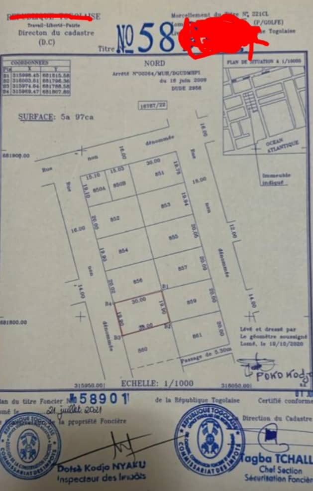 Terrain de 1 lot en vente à Baguida côté plage à 100m du goudron – 55 millions FCFA