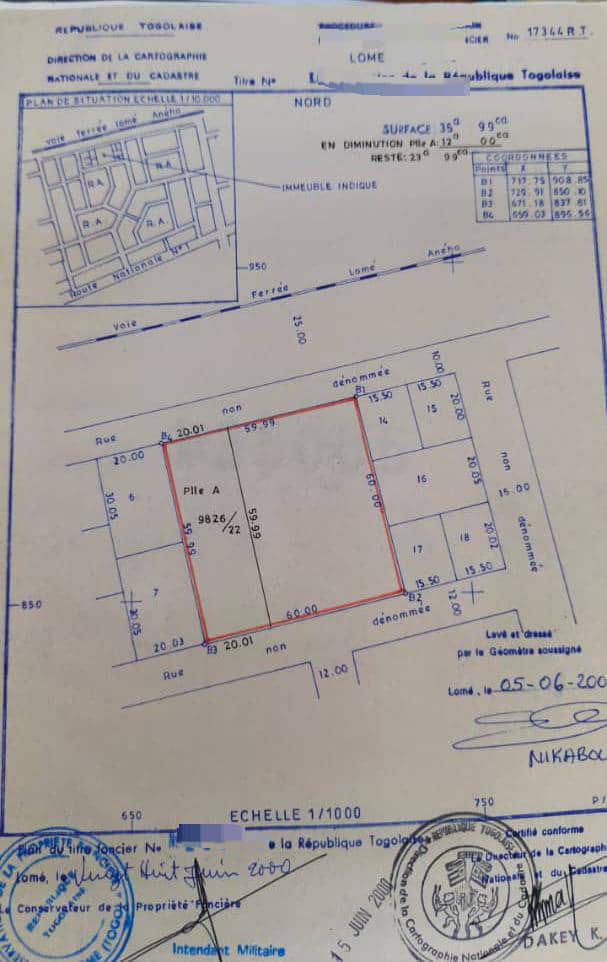 Terrain de 2399 m² à vendre à Baguida, cité BOAD – 220 millions FCFA