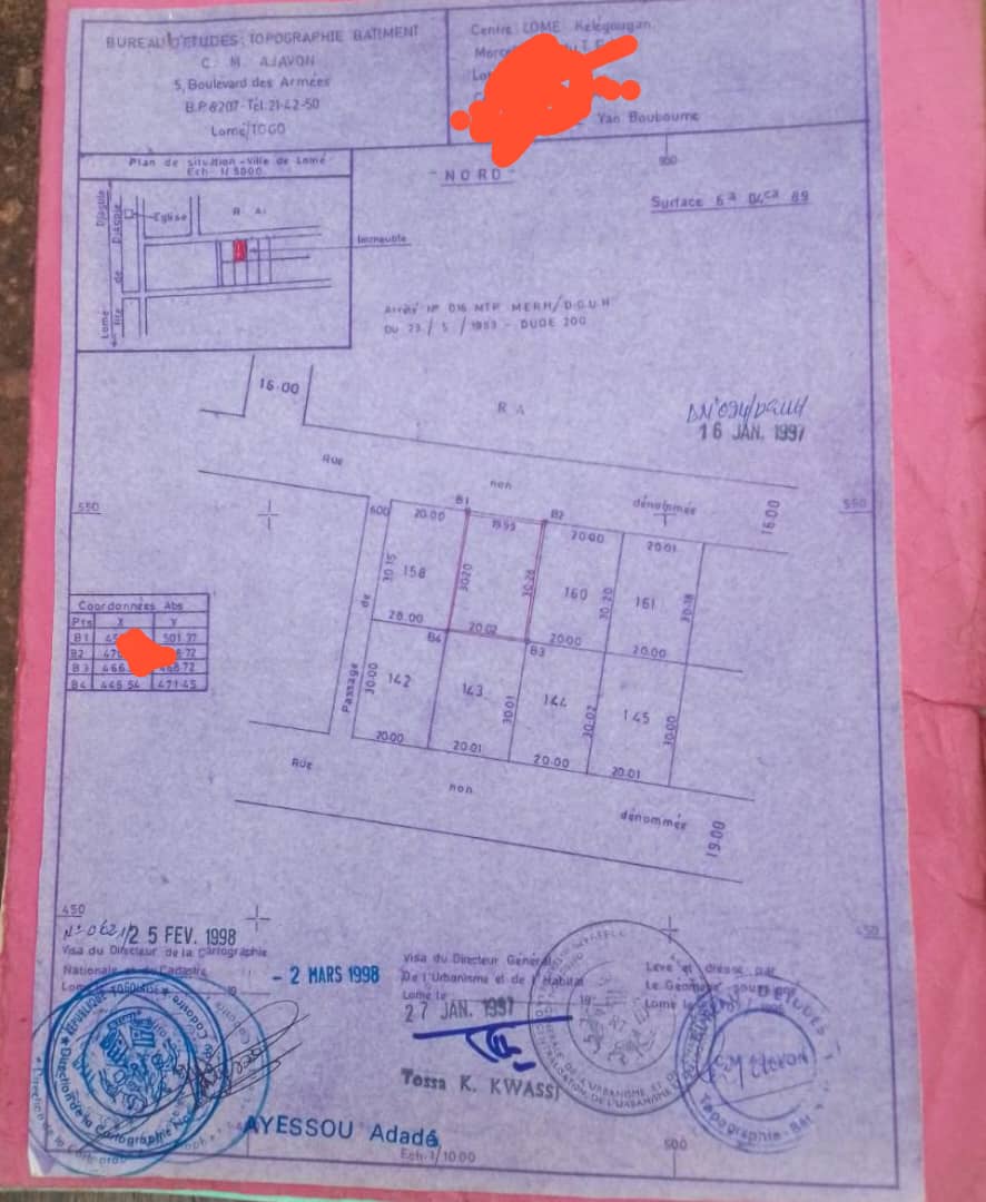 Terrain de 600 m² en vente à Hédzranawoé Sagboville – 65 millions FCFA