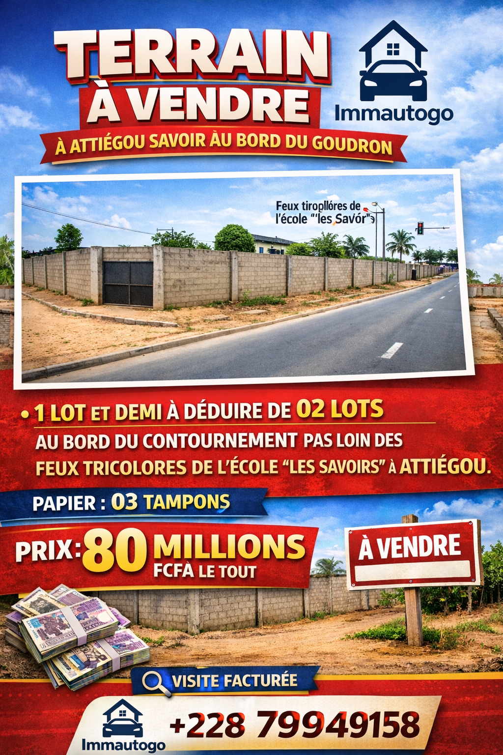 TERRAIN À VENDRE À ATTIÉGOU SAVOIR AU BORD DU GOUDRON