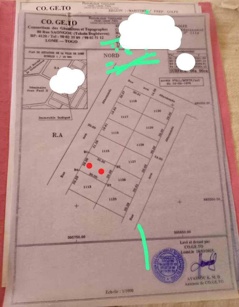 Terrain de 600 m² en vente à Hédzranawoé – 65 millions FCFA