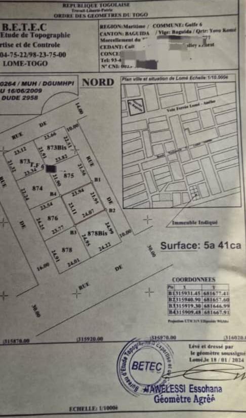 Terrain de 541 m² en vente à Baguida – 40 millions FCFA