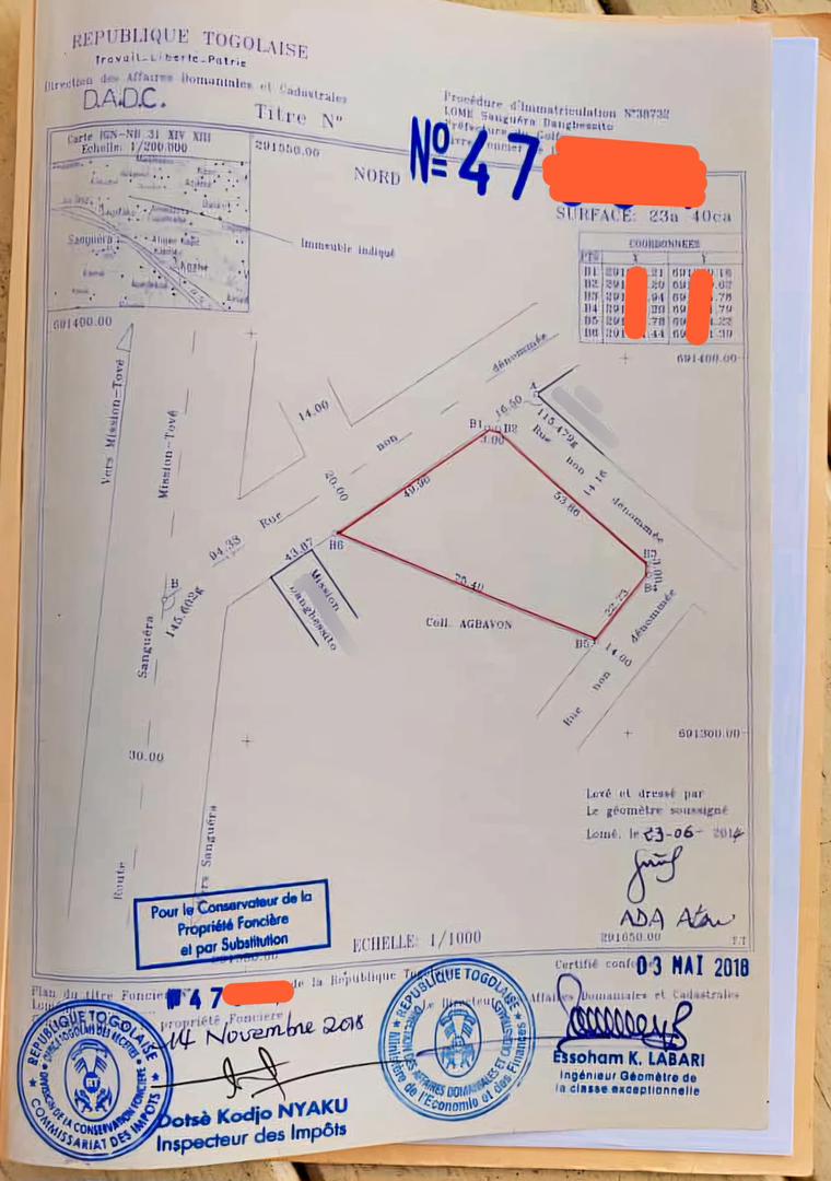 Terrain de 2400 m² en vente en angle de rue à Sanguéra Dangbessito – 27 millions FCFA le lot
