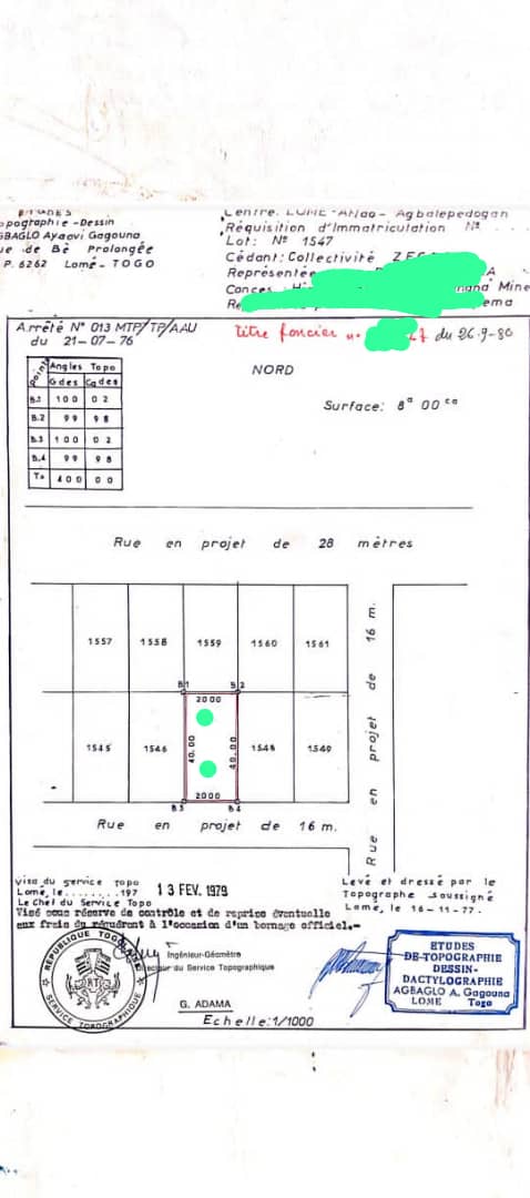 Terrain de 800 m² en vente à Agbalepedo – 70 millions FCFA