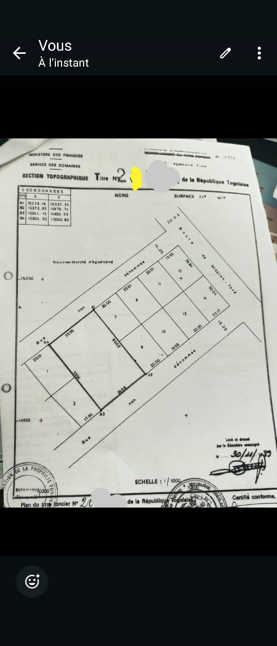 Terrain de 600 m² en vente à Agoé Assiyéyé, en face du marché – 100 millions FCFA le lot