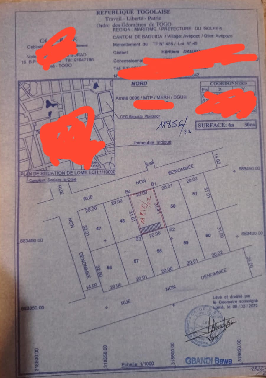 Terrain 1 lot en vente à Agodeka – 40 millions FCFA