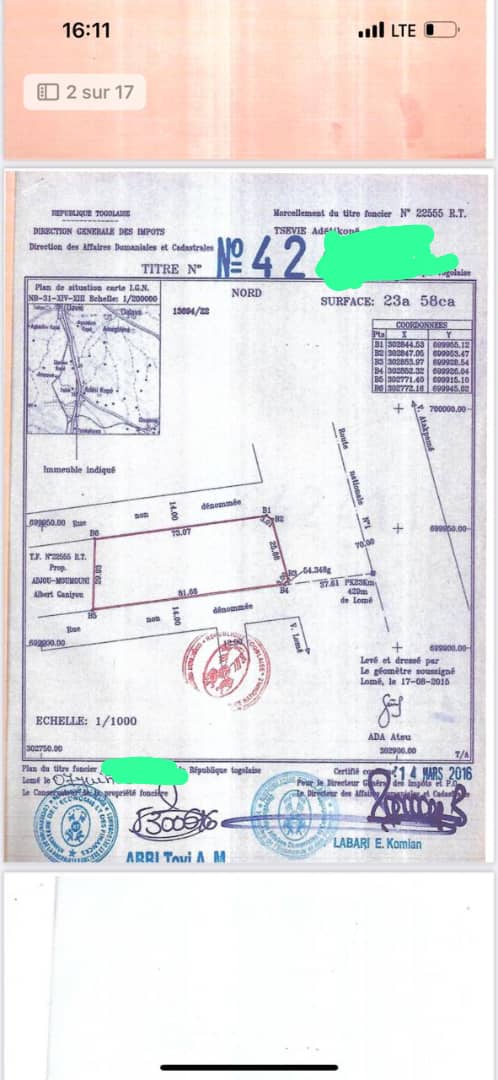 Terrain de 2358 m² en vente en bordure de goudron à Adétikopé – 50 millions FCFA le lot