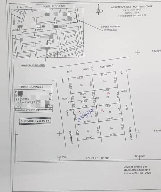 Terrain de 1500 m² en vente à Baguida – 50 millions FCFA le lot