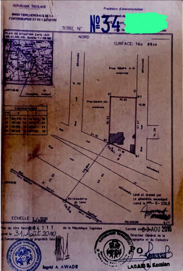 Terrain à vendre à Adidogomé – 70 Millions FCFA