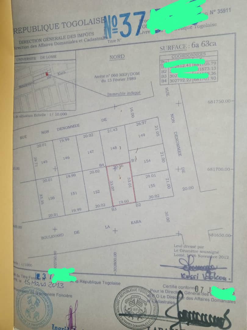 Terrain 1 lot en vente au bord du boulevard de la Kara à Adéwui – 130 millions FCFA
