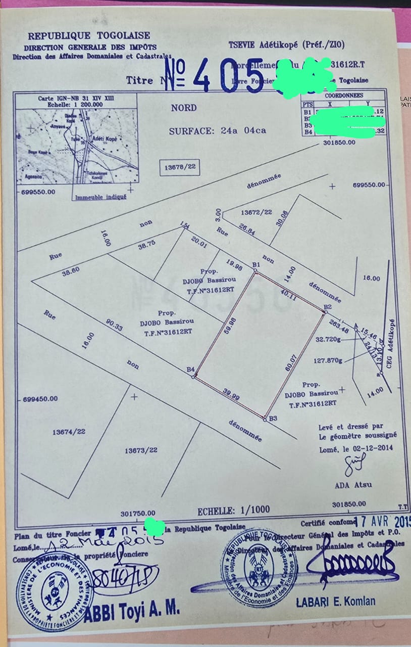 Terrain de 2400 m² en vente à Adétikopé – 17,5 millions FCFA le lot