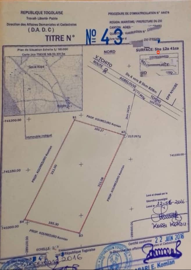 Terrain de 33 hectares 43 ares 88 centiares en vente à Agbelouve Tchito – 3,5 millions FCFA l'unité
